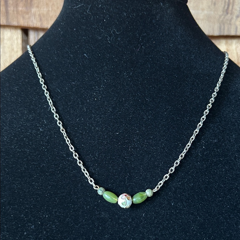 Handcrafted Green Bead Pink Flower Pendant Necklace